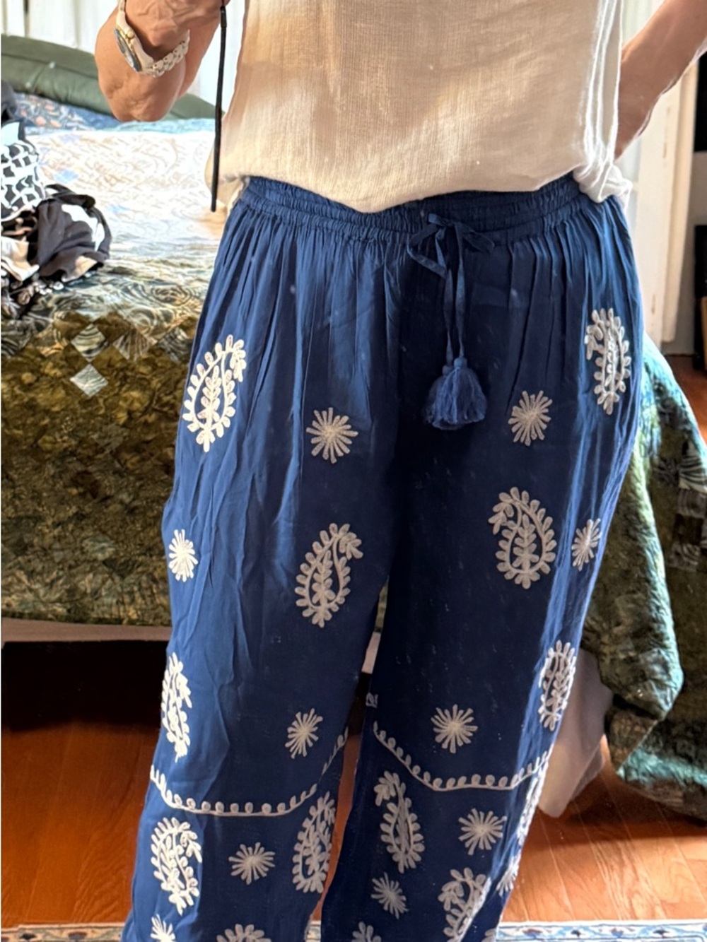 Blue Embroidered Boho Drawstring Pants